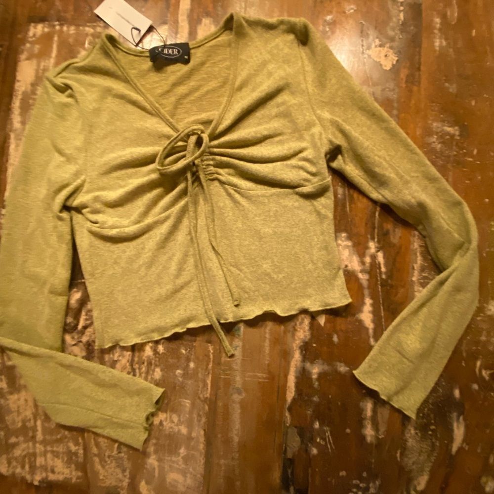 NWT Cider marled Light Olive Ruched tie front long sleeve knit top NEW Medium